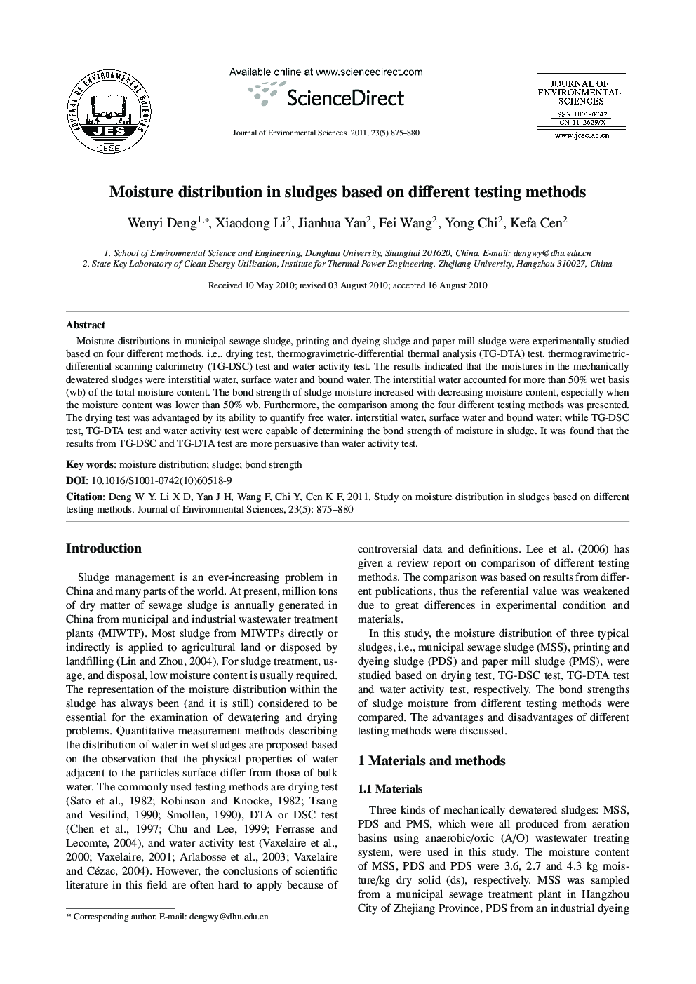 Moisture distribution in sludges based on different testing methods