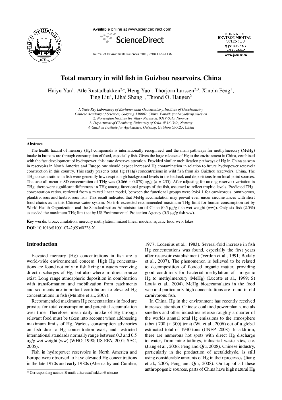 Total mercury in wild fish in Guizhou reservoirs, China