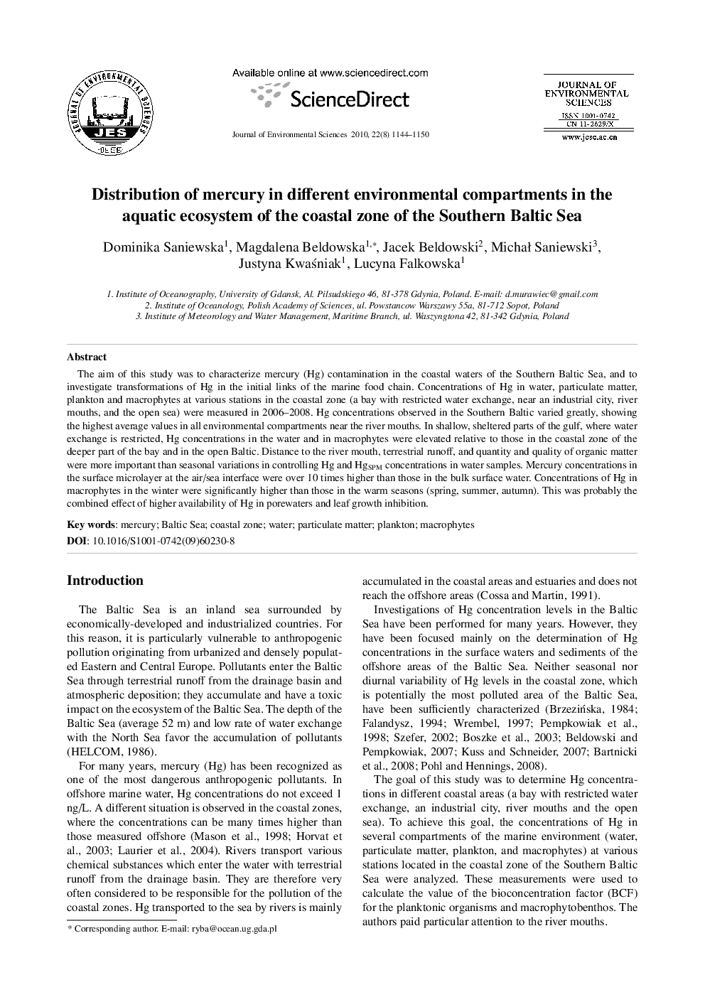 عکس صفحه اول مقاله: Distribution of mercury in different environmental compartments in the aquatic ecosystem of the coastal zone of the Southern Baltic Sea Distribution of mercury in different environmental compartments in the aquatic ecosystem of the coastal zone of the Southern Baltic Sea