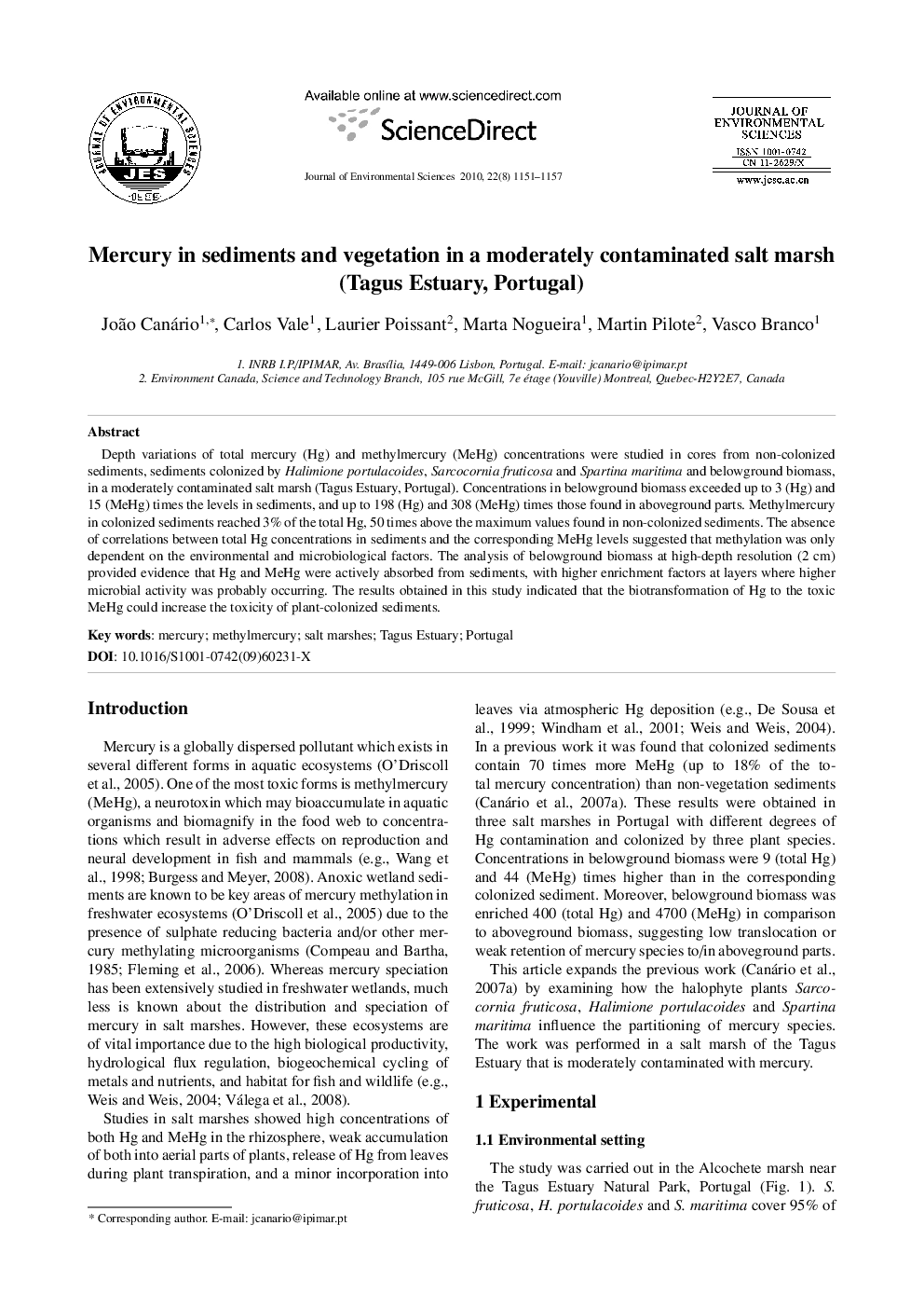 Mercury in sediments and vegetation in a moderately contaminated salt marsh (Tagus Estuary, Portugal)