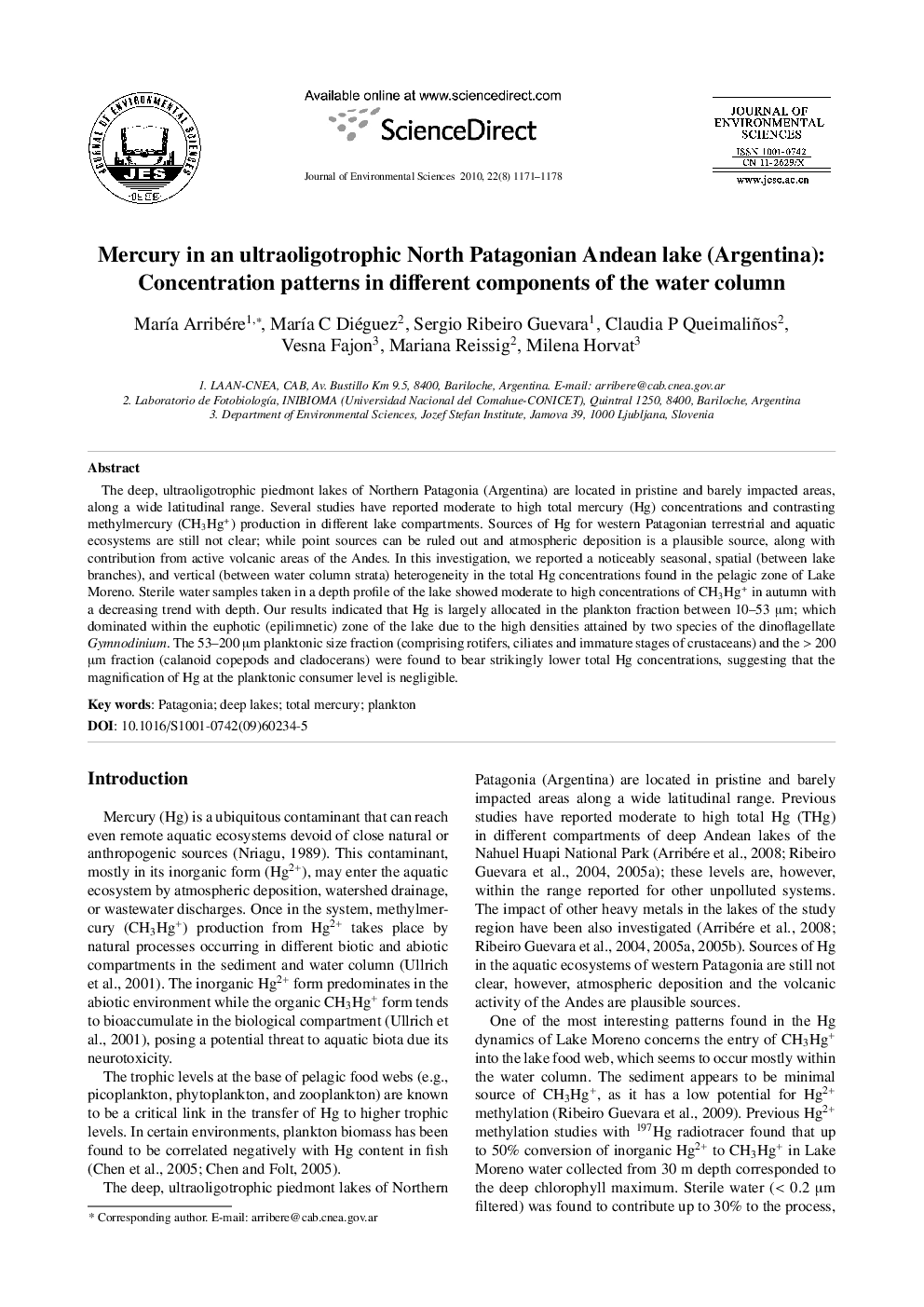 Mercury in an ultraoligotrophic North Patagonian Andean lake (Argentina): Concentration patterns in different components of the water column