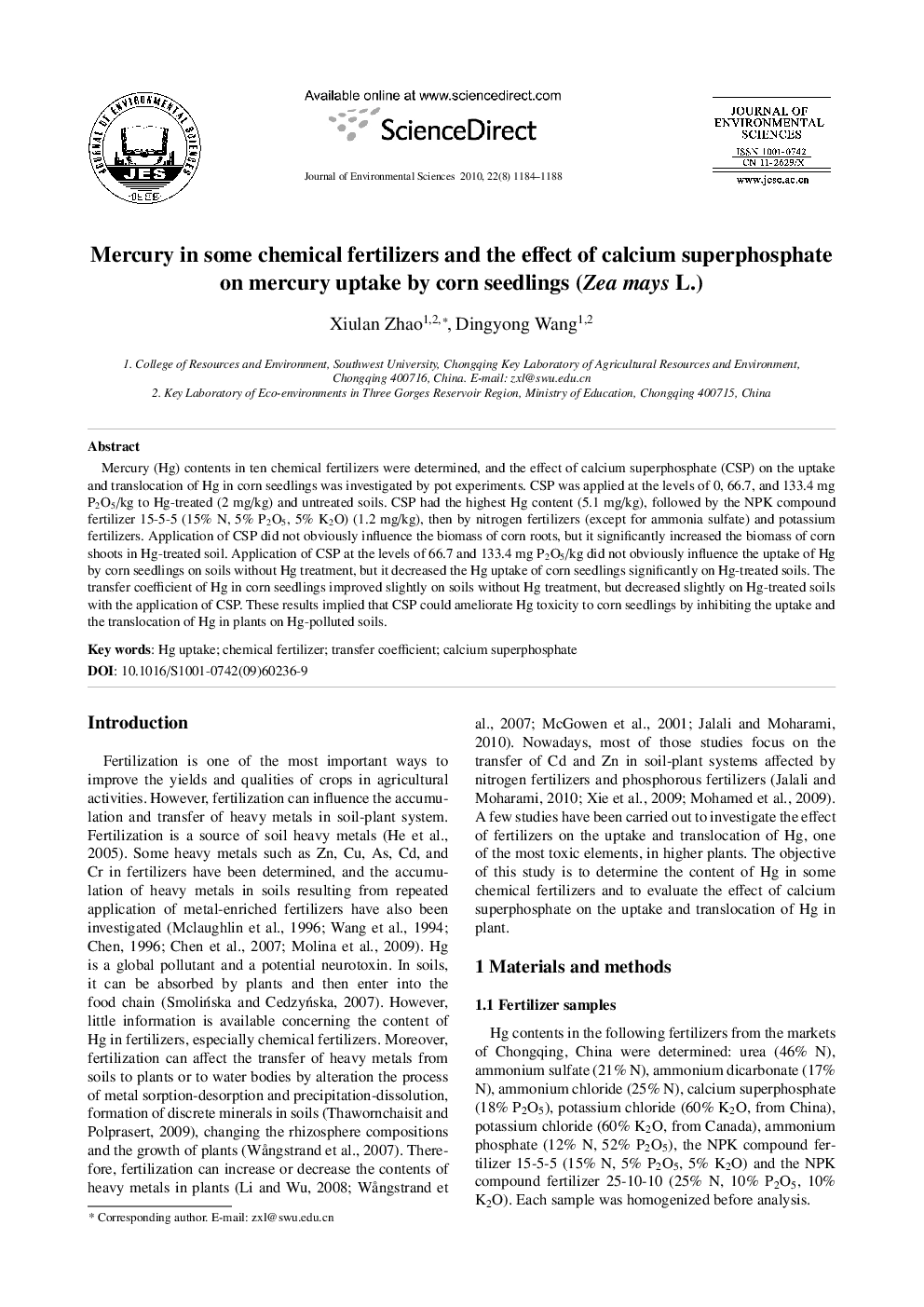 Mercury in some chemical fertilizers and the effect of calcium superphosphate on mercury uptake by corn seedlings (Zea mays L.)