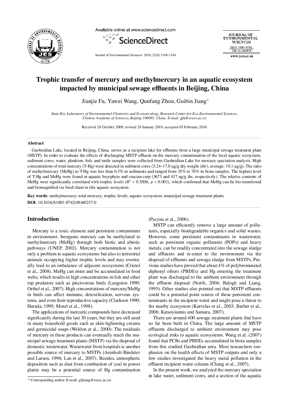 Trophic transfer of mercury and methylmercury in an aquatic ecosystem impacted by municipal sewage effluents in Beijing, China