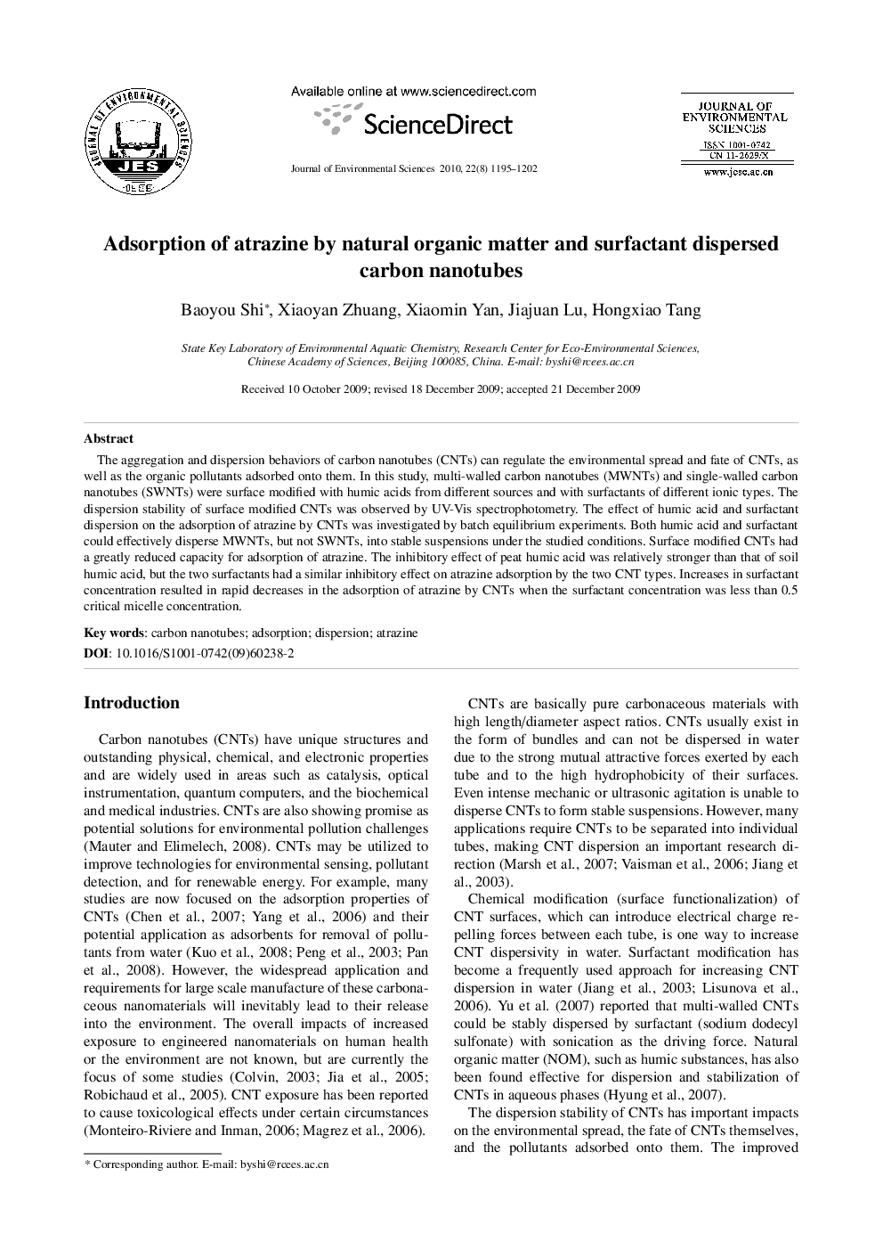 عکس صفحه اول مقاله: Adsorption of atrazine by natural organic matter and surfactant dispersed carbon nanotubes Adsorption of atrazine by natural organic matter and surfactant dispersed carbon nanotubes