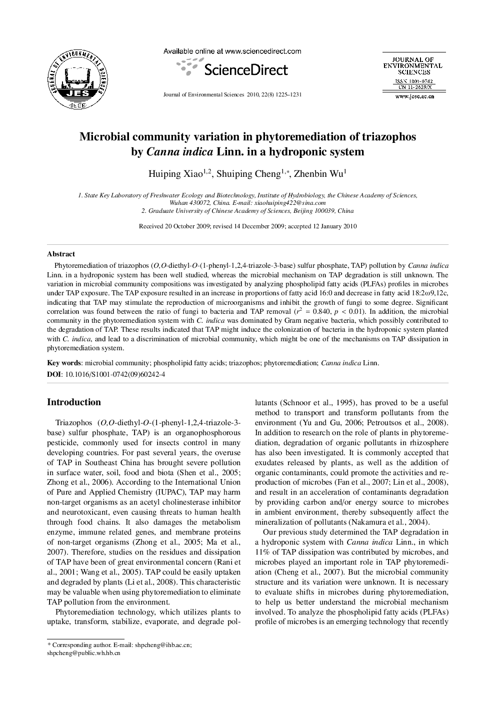 عکس صفحه اول مقاله: Microbial community variation in phytoremediation of triazophos by Canna indica Linn. in a hydroponic system Microbial community variation in phytoremediation of triazophos by Canna indica Linn. in a hydroponic system
