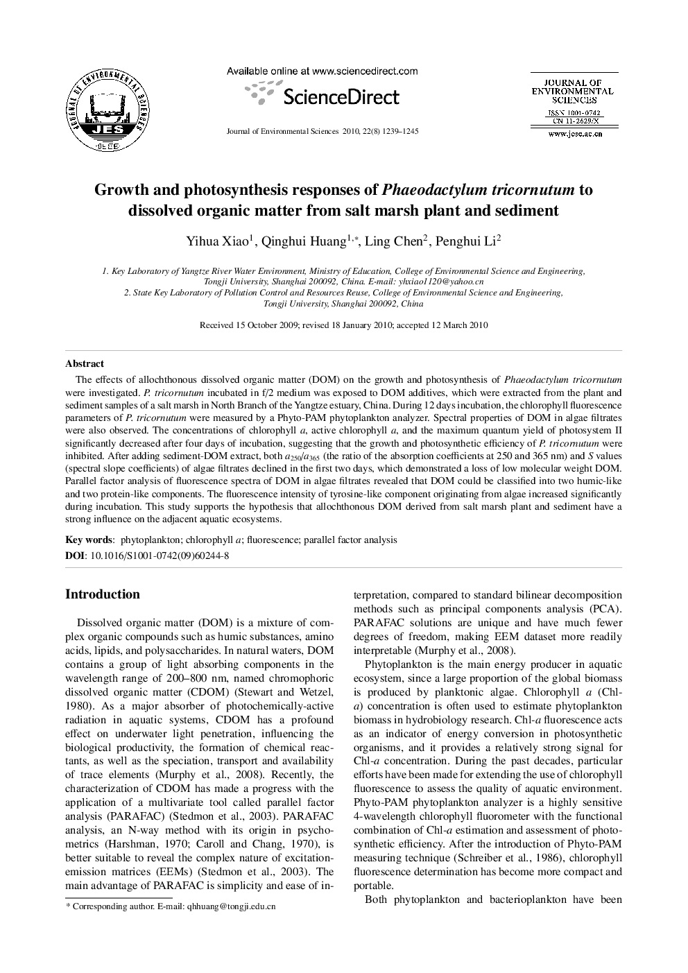 Growth and photosynthesis responses of Phaeodactylum tricornutum to dissolved organic matter from salt marsh plant and sediment