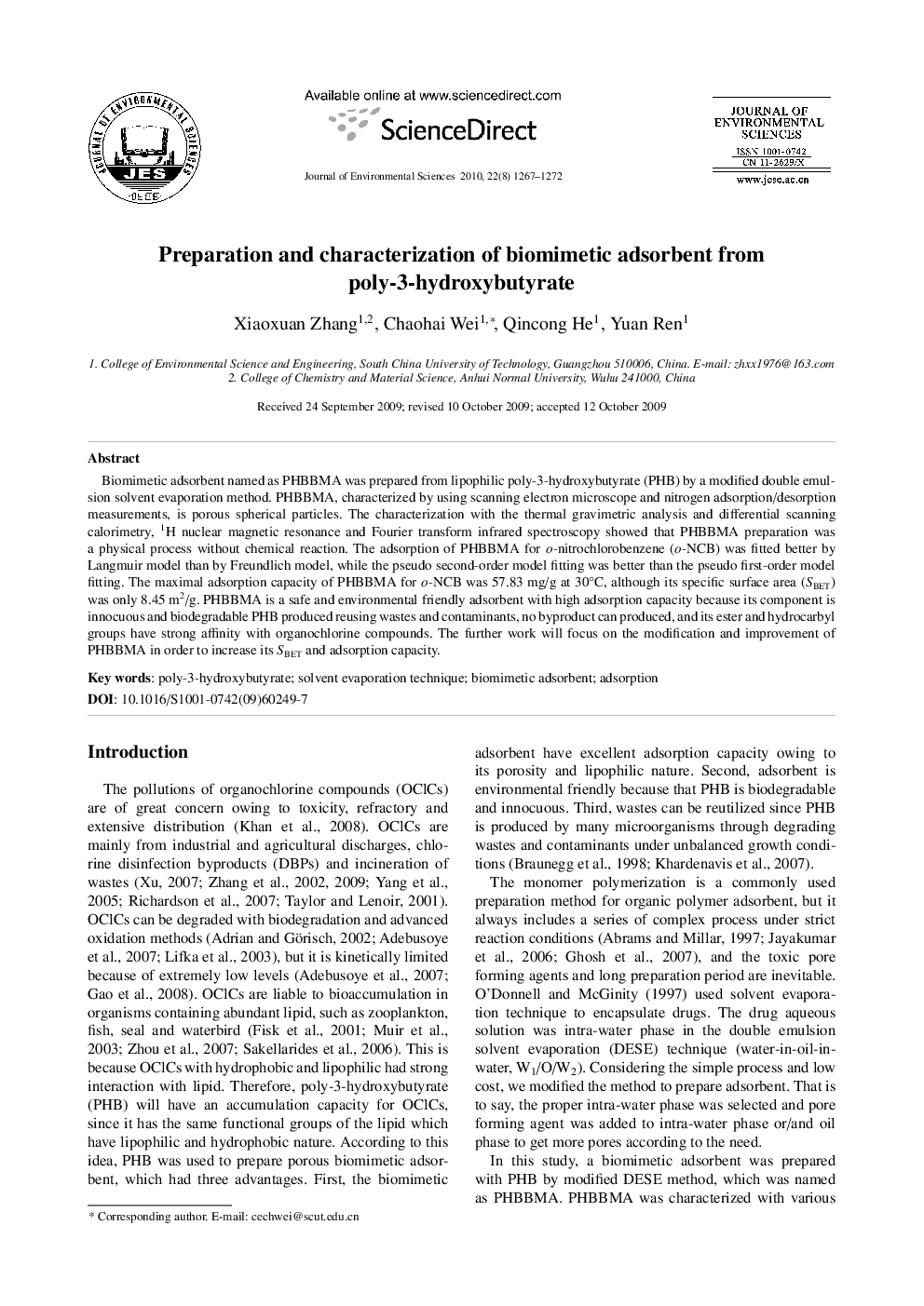Preparation and characterization of biomimetic adsorbent from poly-3-hydroxybutyrate