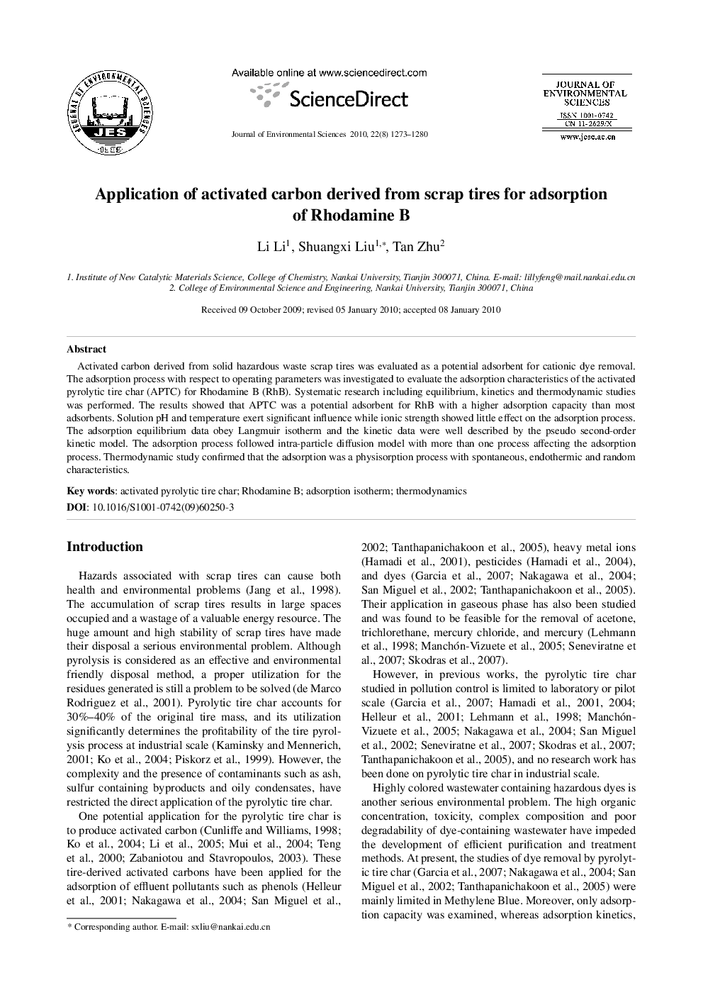 Application of activated carbon derived from scrap tires for adsorption of Rhodamine B