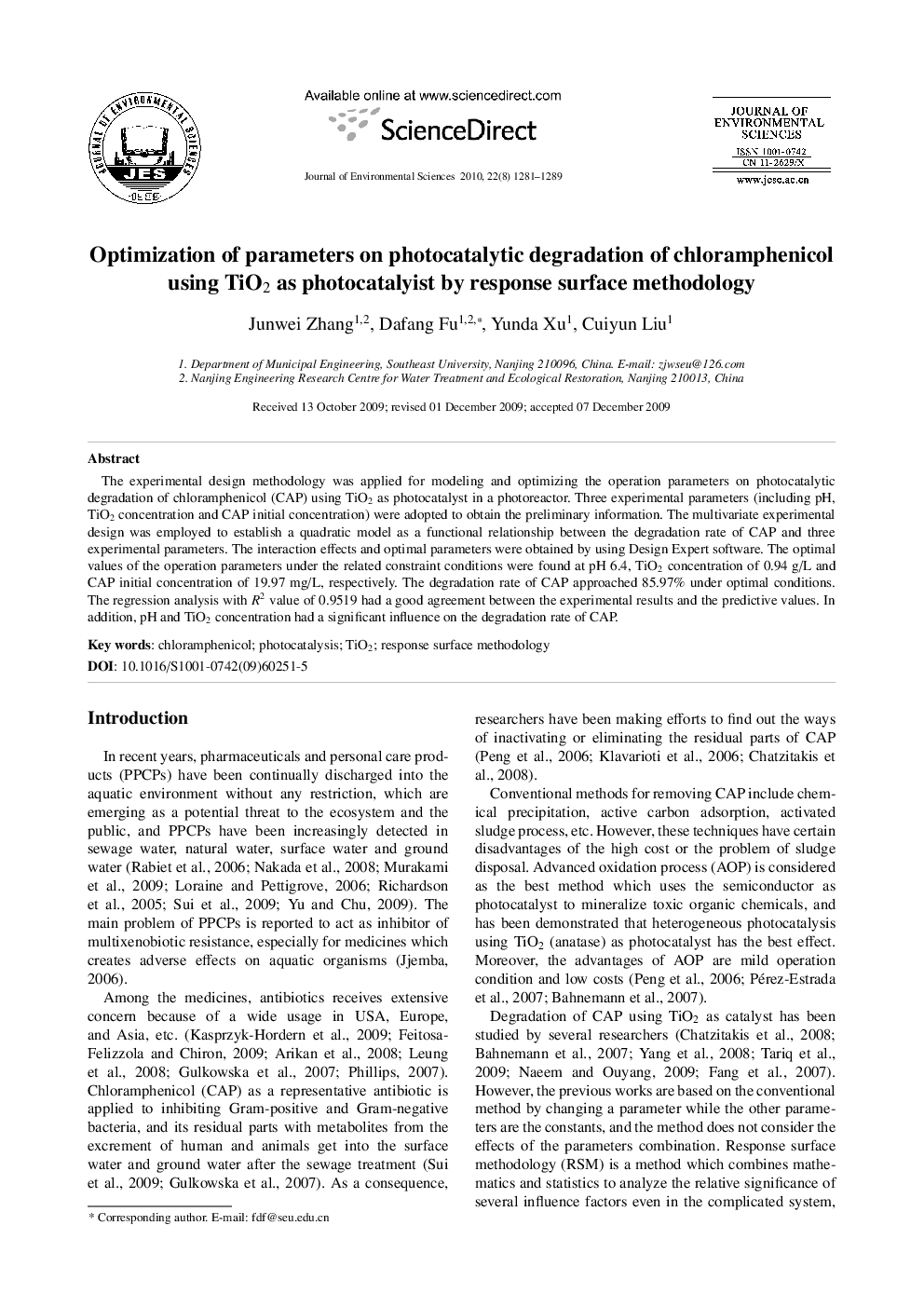 Optimization of parameters on photocatalytic degradation of chloramphenicol using TiO2 as photocatalyist by response surface methodology