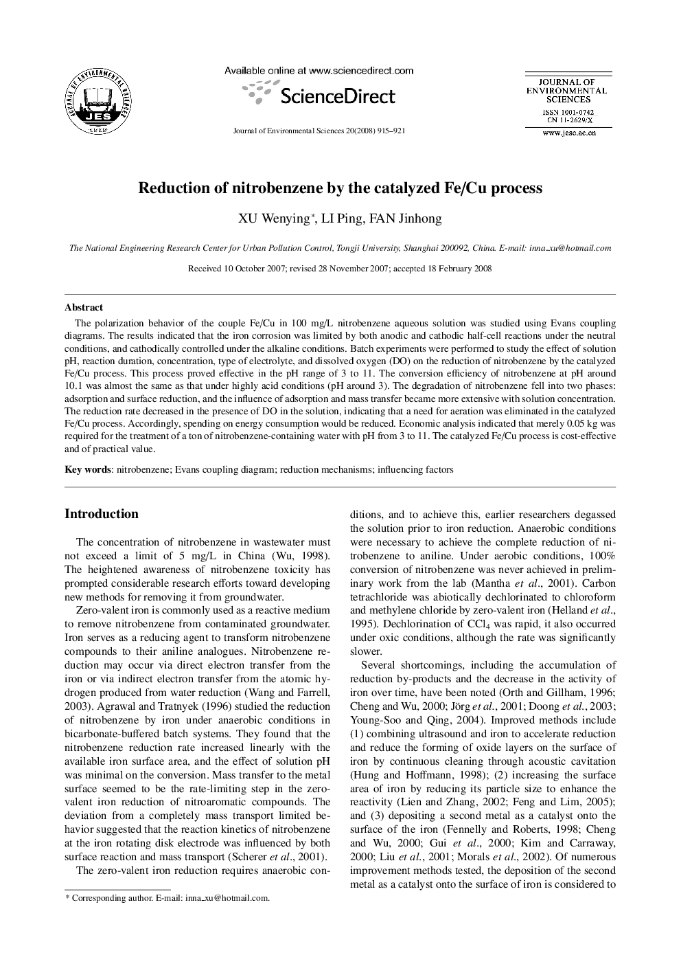 Reduction of nitrobenzene by the catalyzed Fe/Cu process