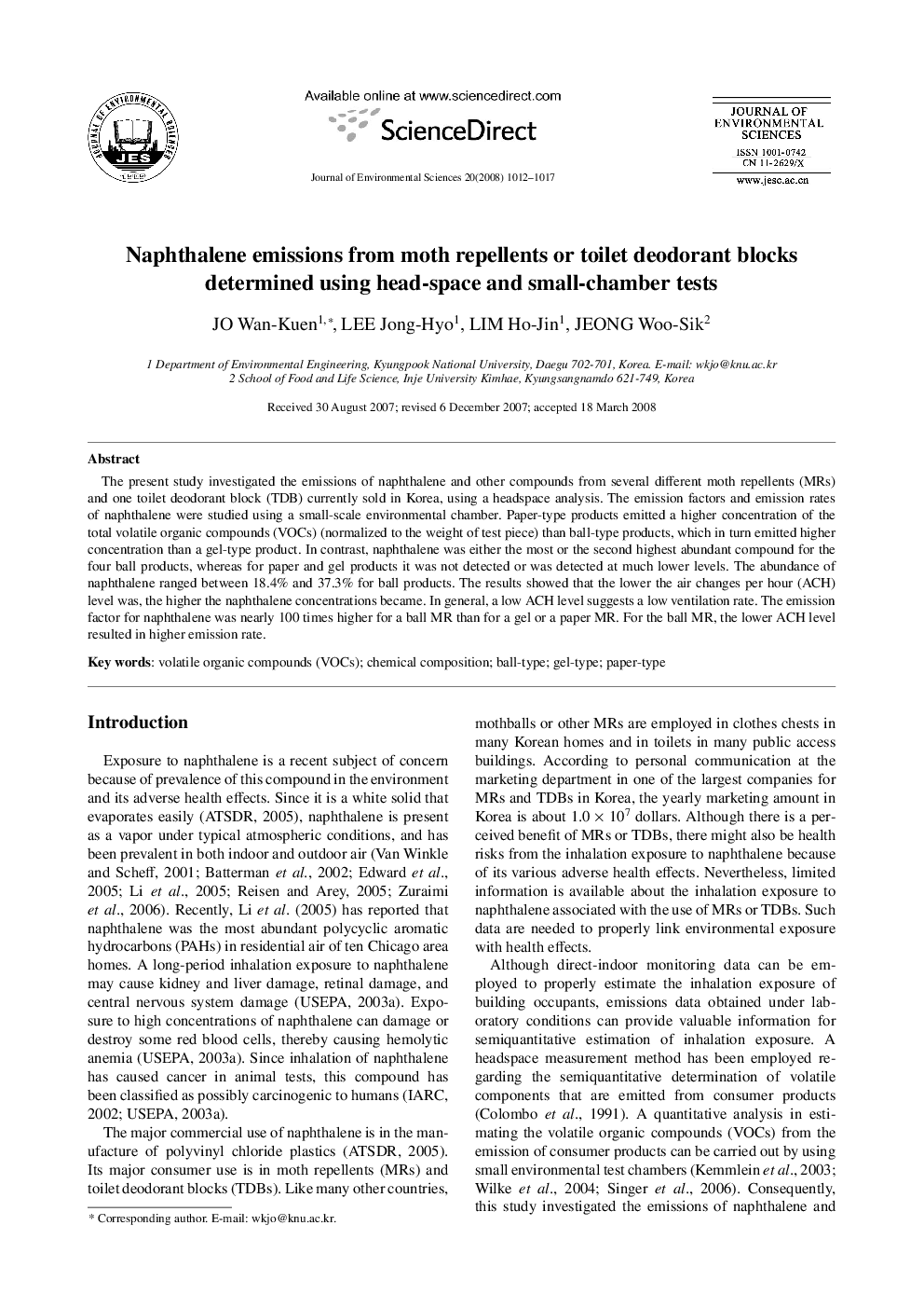Naphthalene emissions from moth repellents or toilet deodorant blocks determined using head-space and small-chamber tests