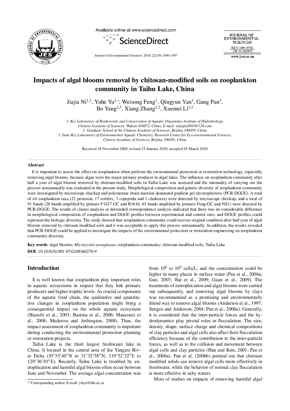 Impacts of algal blooms removal by chitosan-modified soils on zooplankton community in Taihu Lake, China