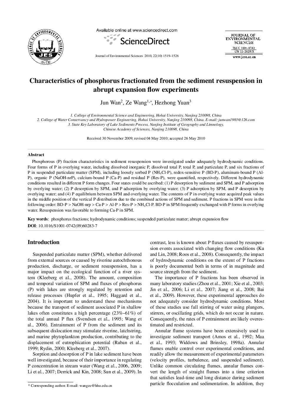 Characteristics of phosphorus fractionated from the sediment resuspension in abrupt expansion flow experiments