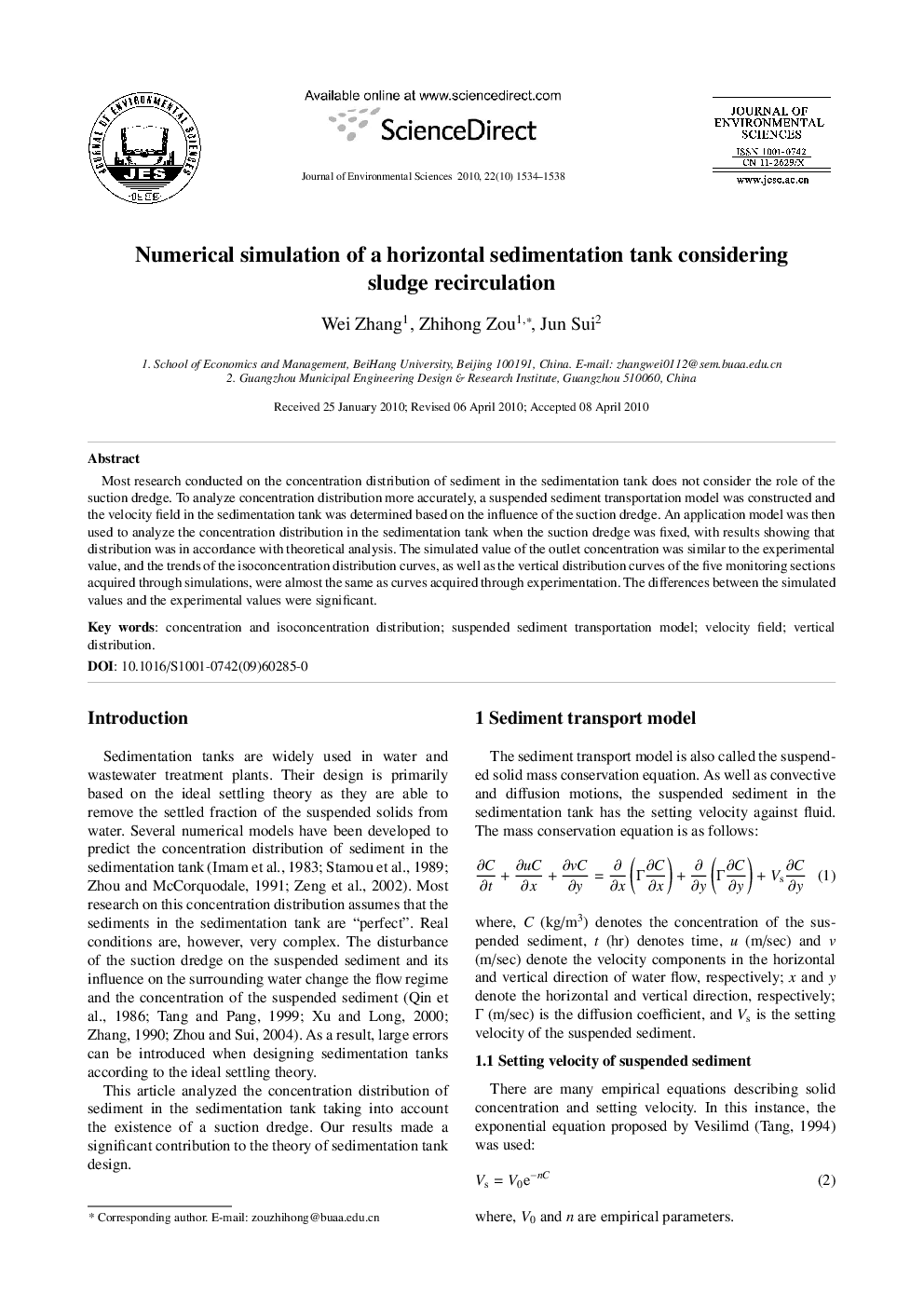 Numerical simulation of a horizontal sedimentation tank considering sludge recirculation