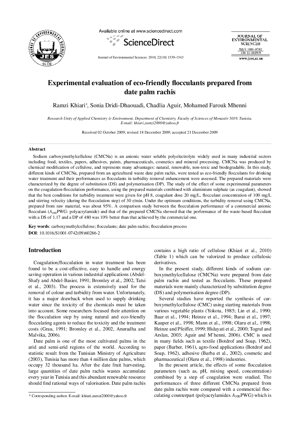Experimental evaluation of eco-friendly flocculants prepared from date palm rachis