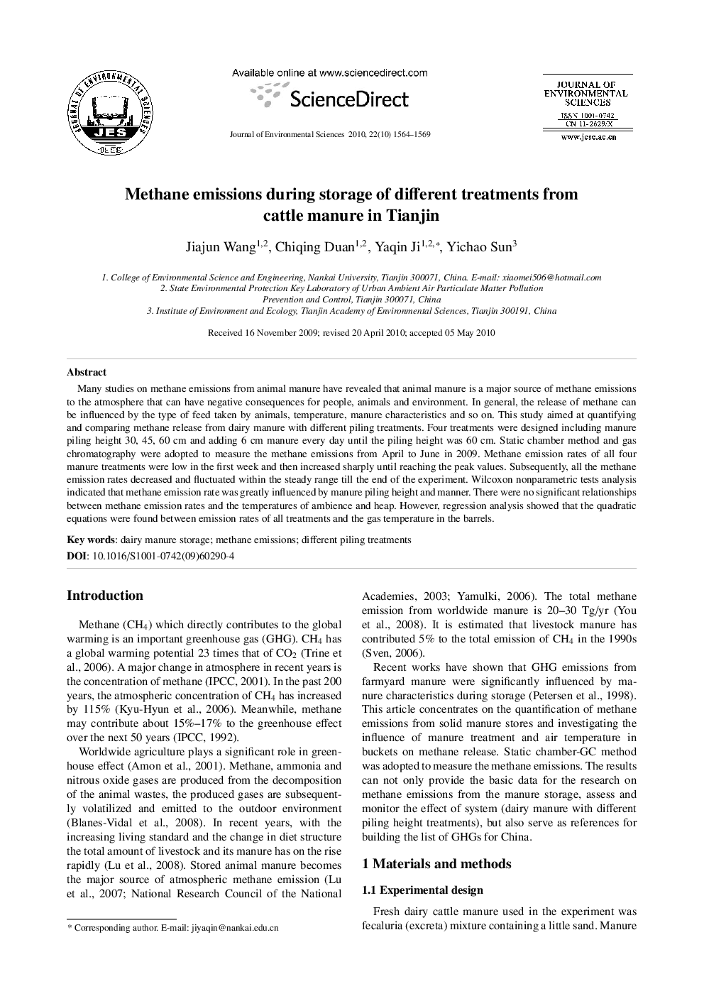 Methane emissions during storage of different treatments from cattle manure in Tianjin