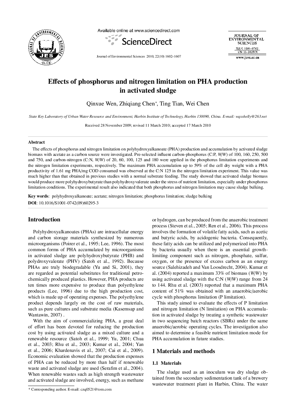 Effects of phosphorus and nitrogen limitation on PHA production in activated sludge