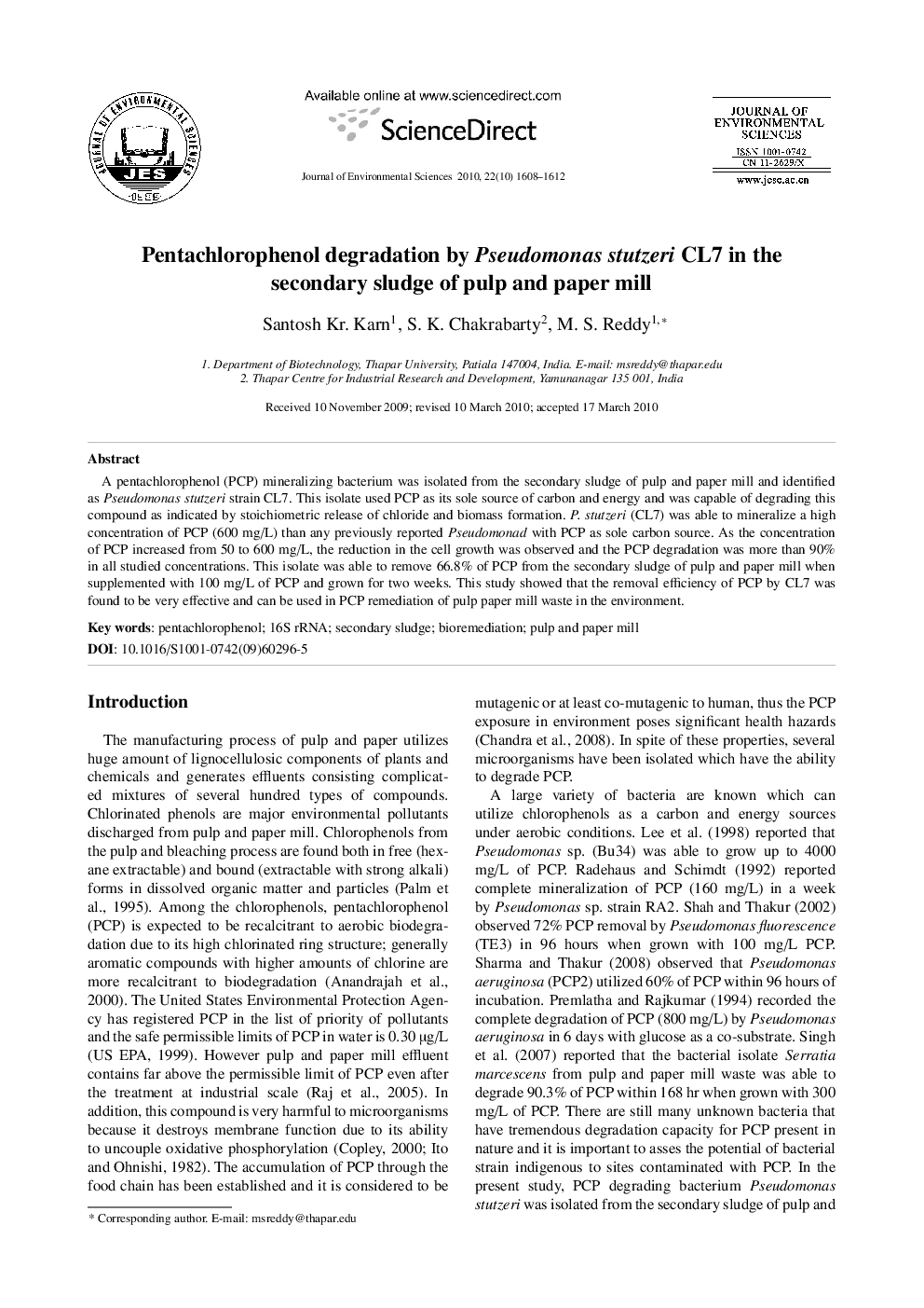 Pentachlorophenol degradation by Pseudomonas stutzeri CL7 in the secondary sludge of pulp and paper mill