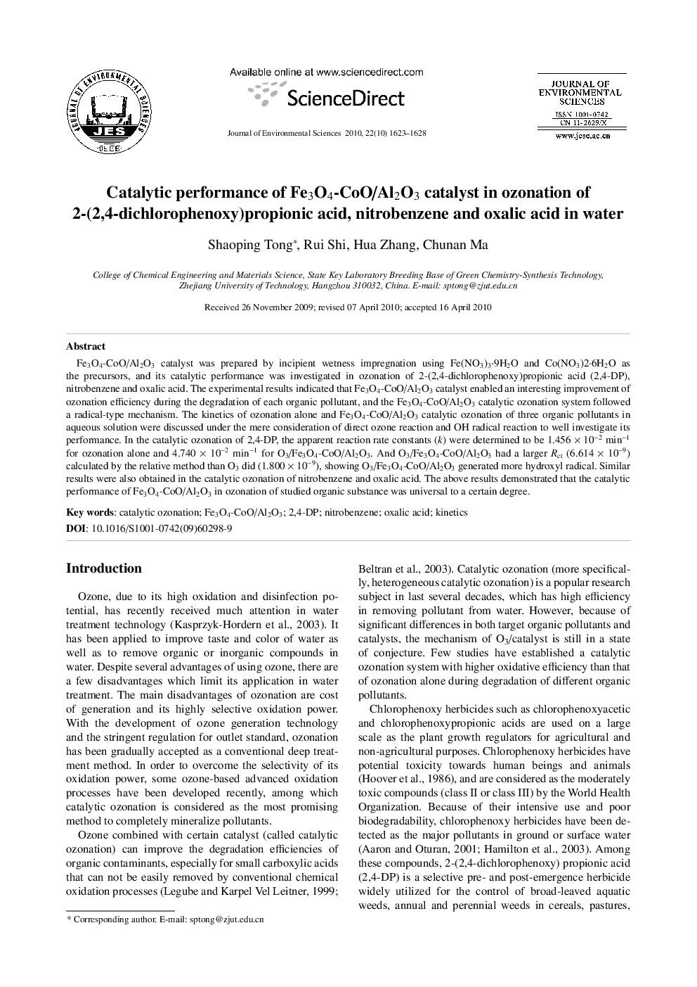 Catalytic performance of Fe3O4-CoO/Al2O3 catalyst in ozonation of 2-(2,4-dichlorophenoxy)propionic acid, nitrobenzene and oxalic acid in water