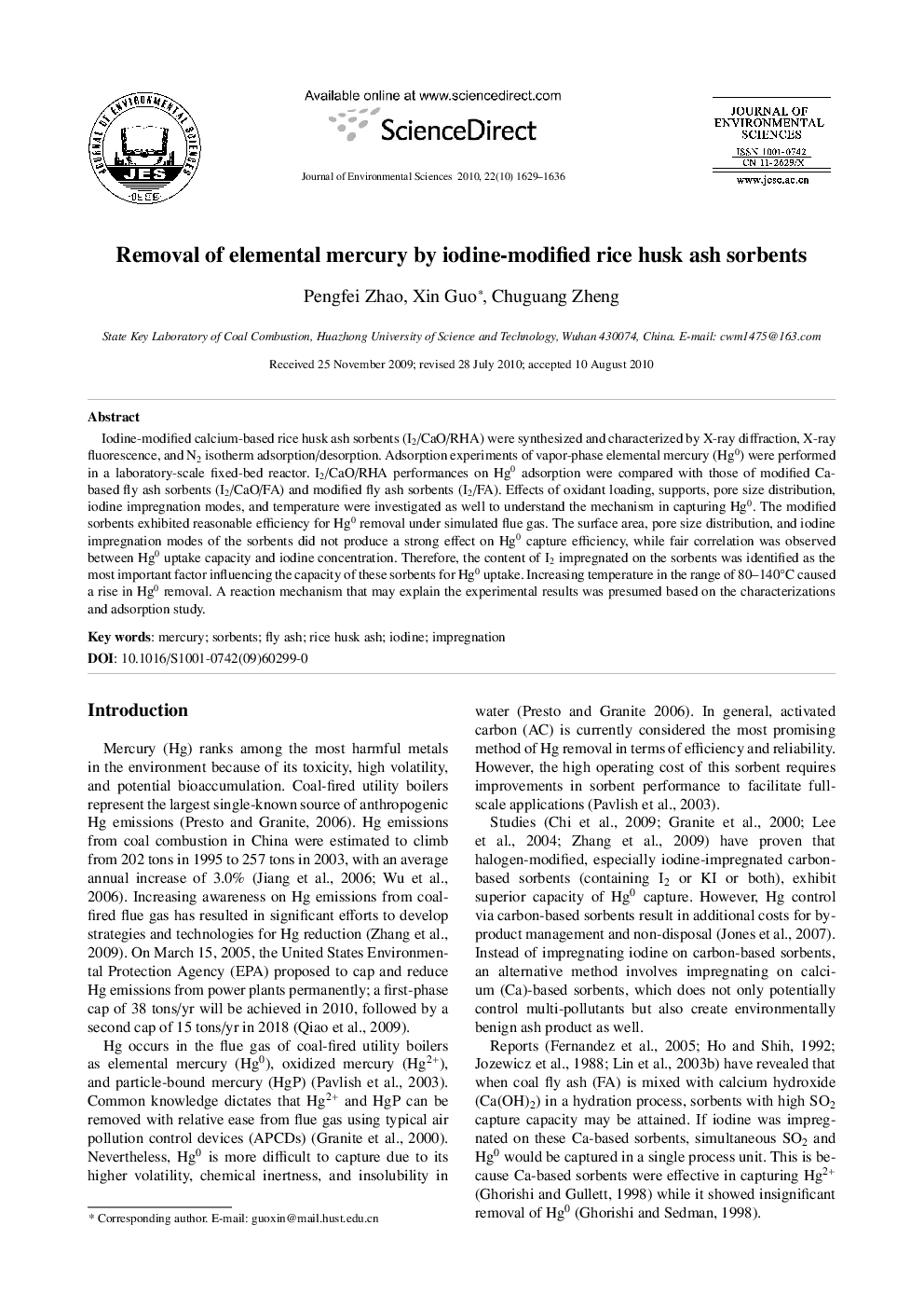 Removal of elemental mercury by iodine-modified rice husk ash sorbents