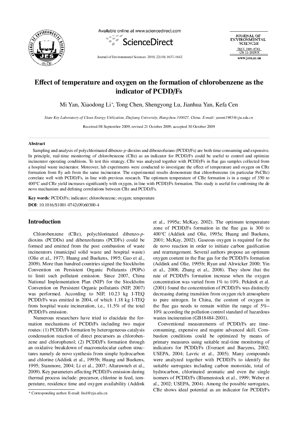 Effect of temperature and oxygen on the formation of chlorobenzene as the indicator of PCDD/Fs
