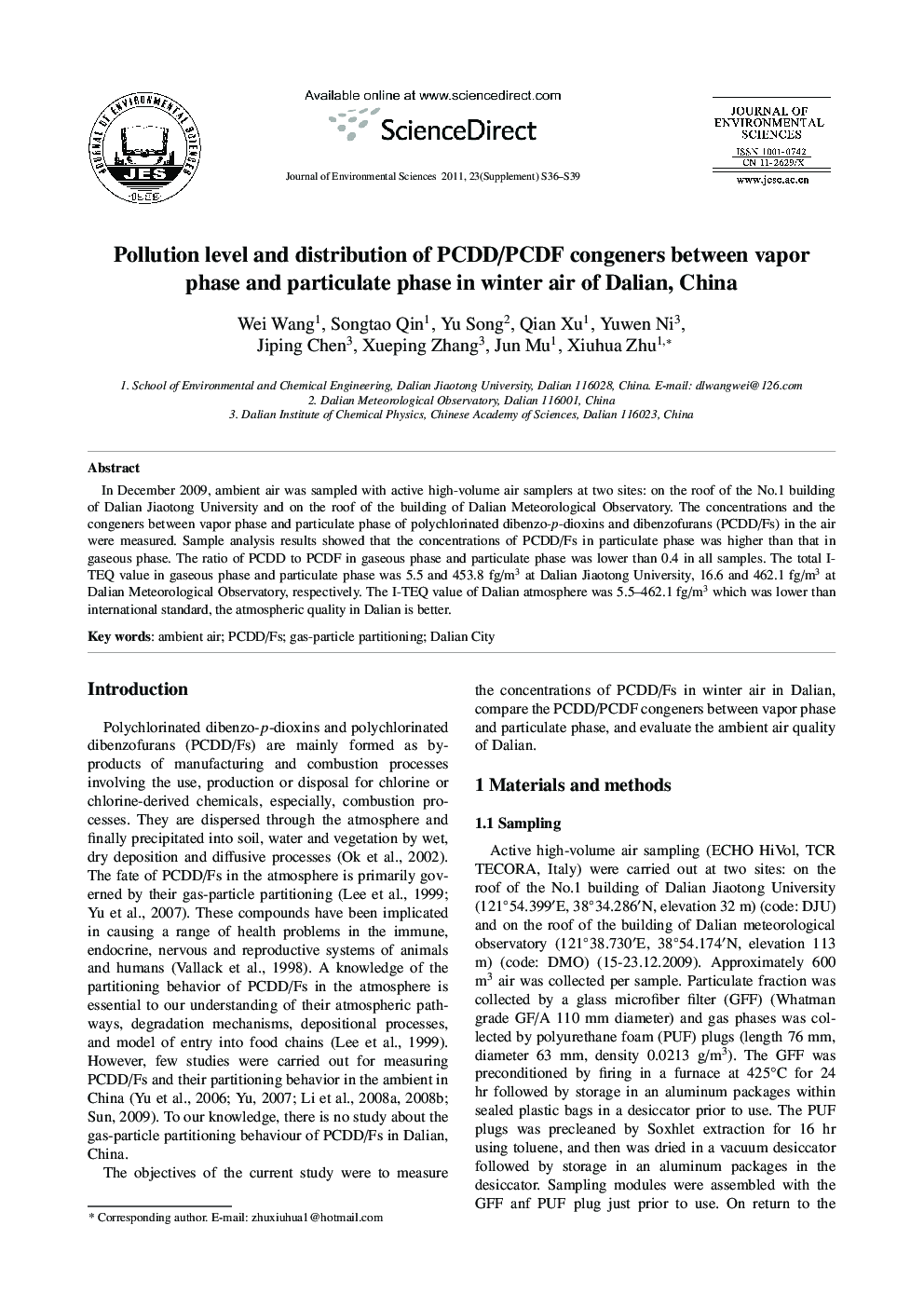 Pollution level and distribution of PCDD/PCDF congeners between vapor phase and particulate phase in winter air of Dalian, China
