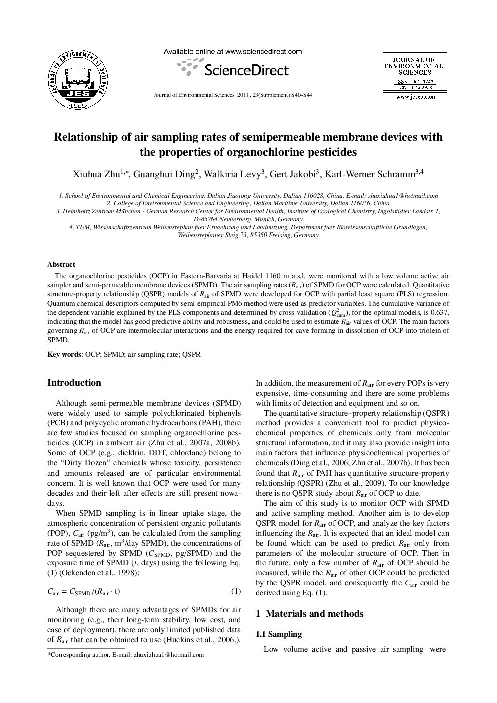 Relationship of air sampling rates of semipermeable membrane devices with the properties of organochlorine pesticides