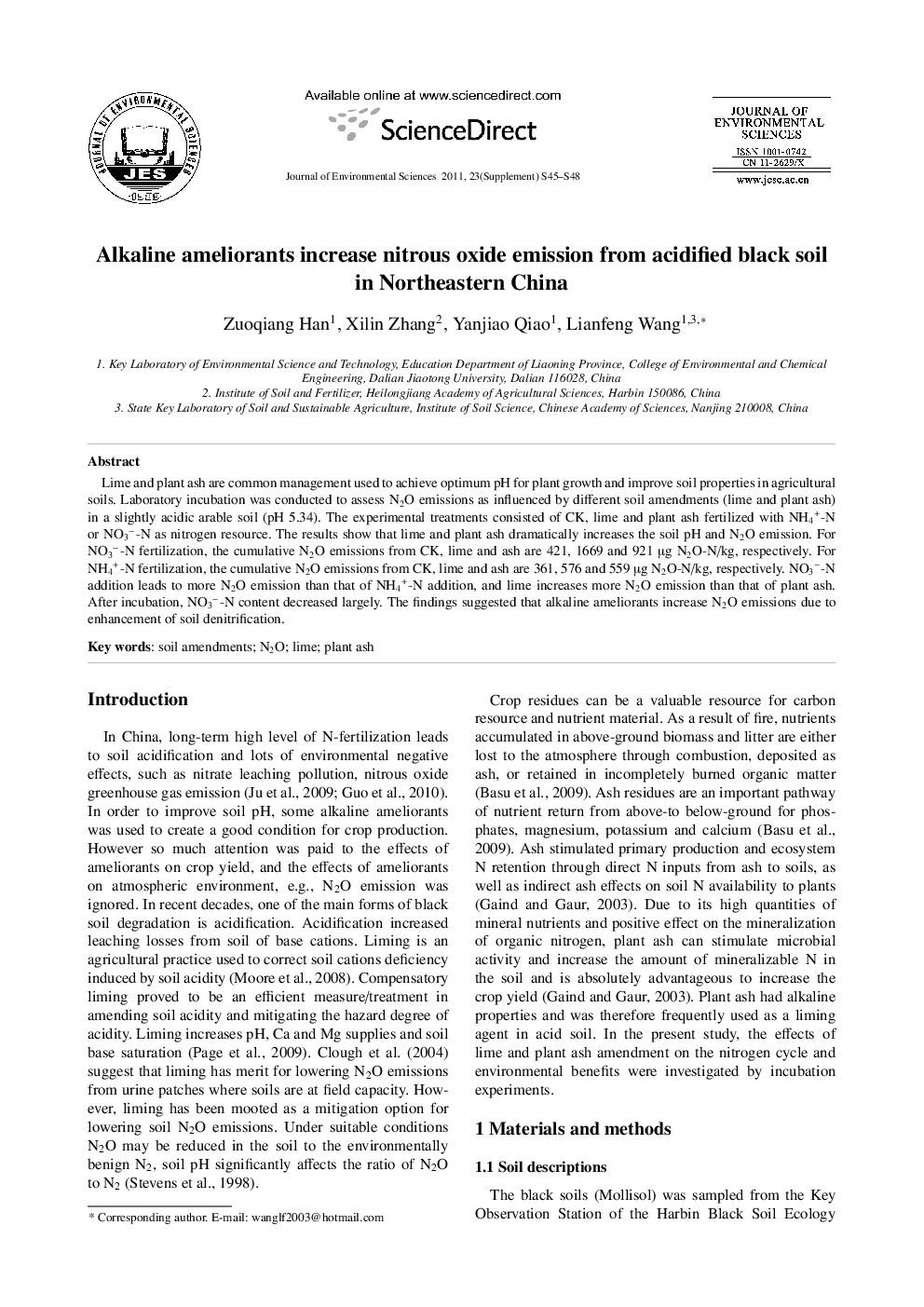 Alkaline ameliorants increase nitrous oxide emission from acidified black soil in Northeastern China