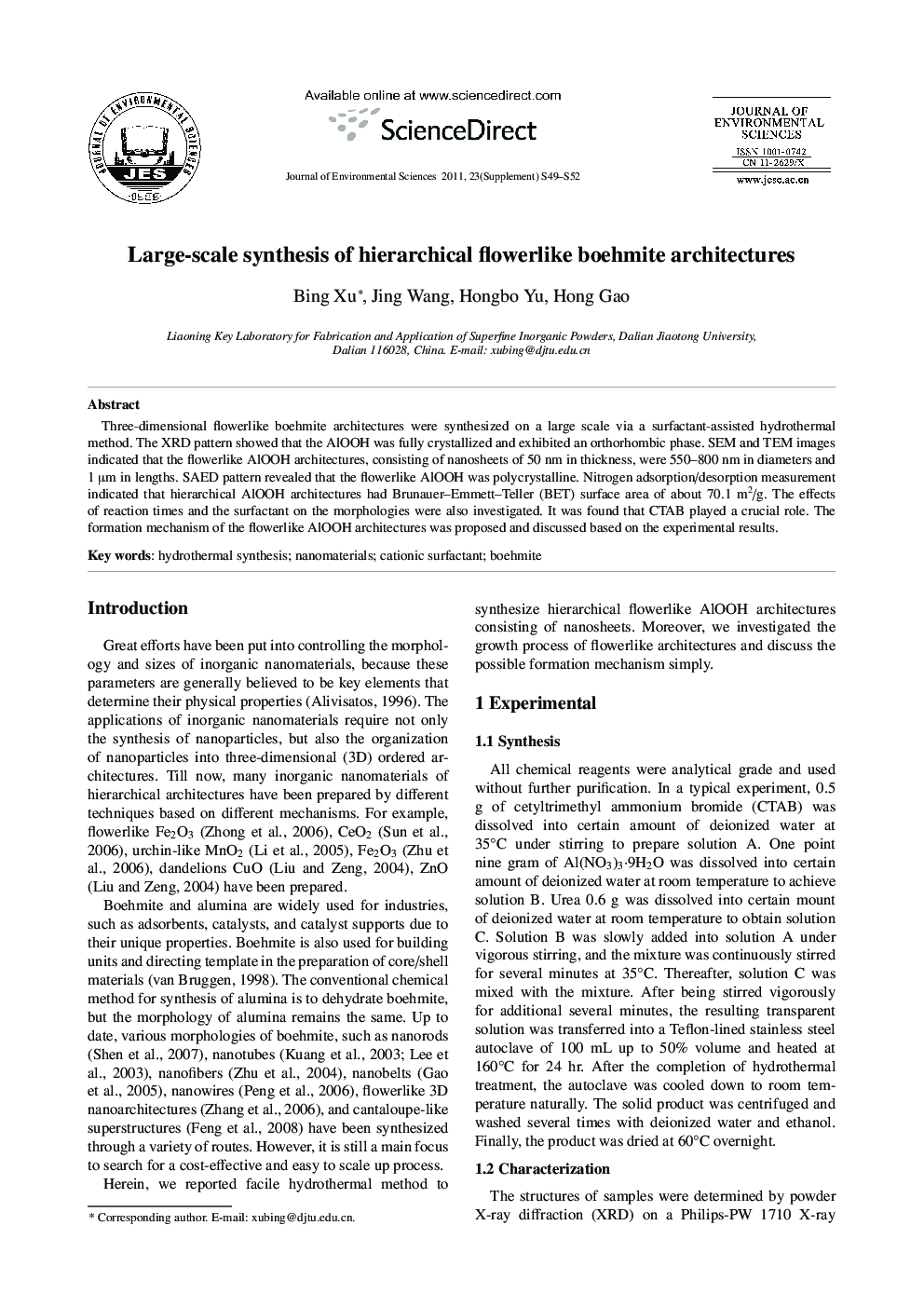 Large-scale synthesis of hierarchical flowerlike boehmite architectures