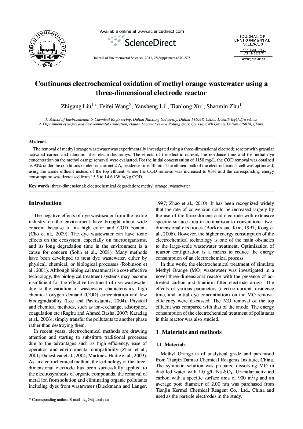 Continuous electrochemical oxidation of methyl orange waste water using a three-dimensional electrode reactor
