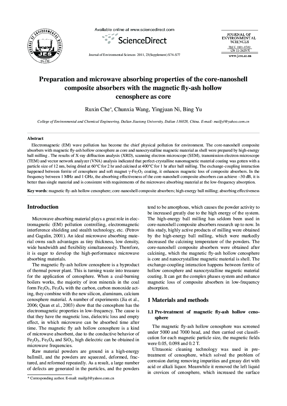 Preparation and microwave absorbing properties of the core-nanoshell composite absorbers with the magnetic fly-ash hollow cenosphere as core