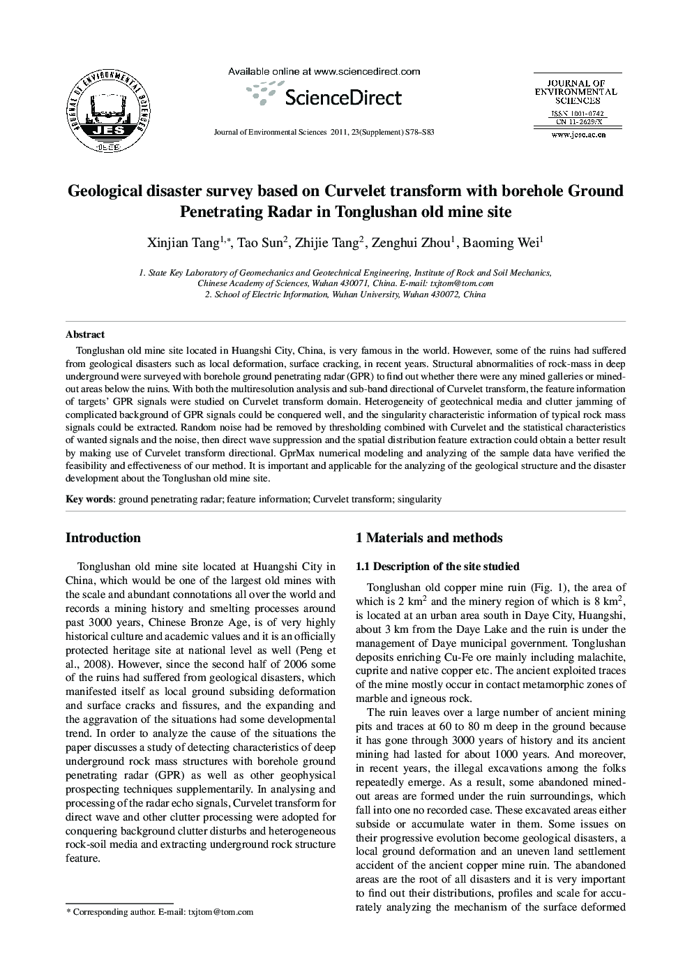 Geological disaster survey based on Curvelet transform with borehole Ground Penetrating Radar in Tonglushan old mine site