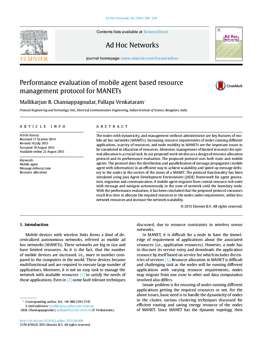 Performance evaluation of mobile agent based resource management protocol for MANETs