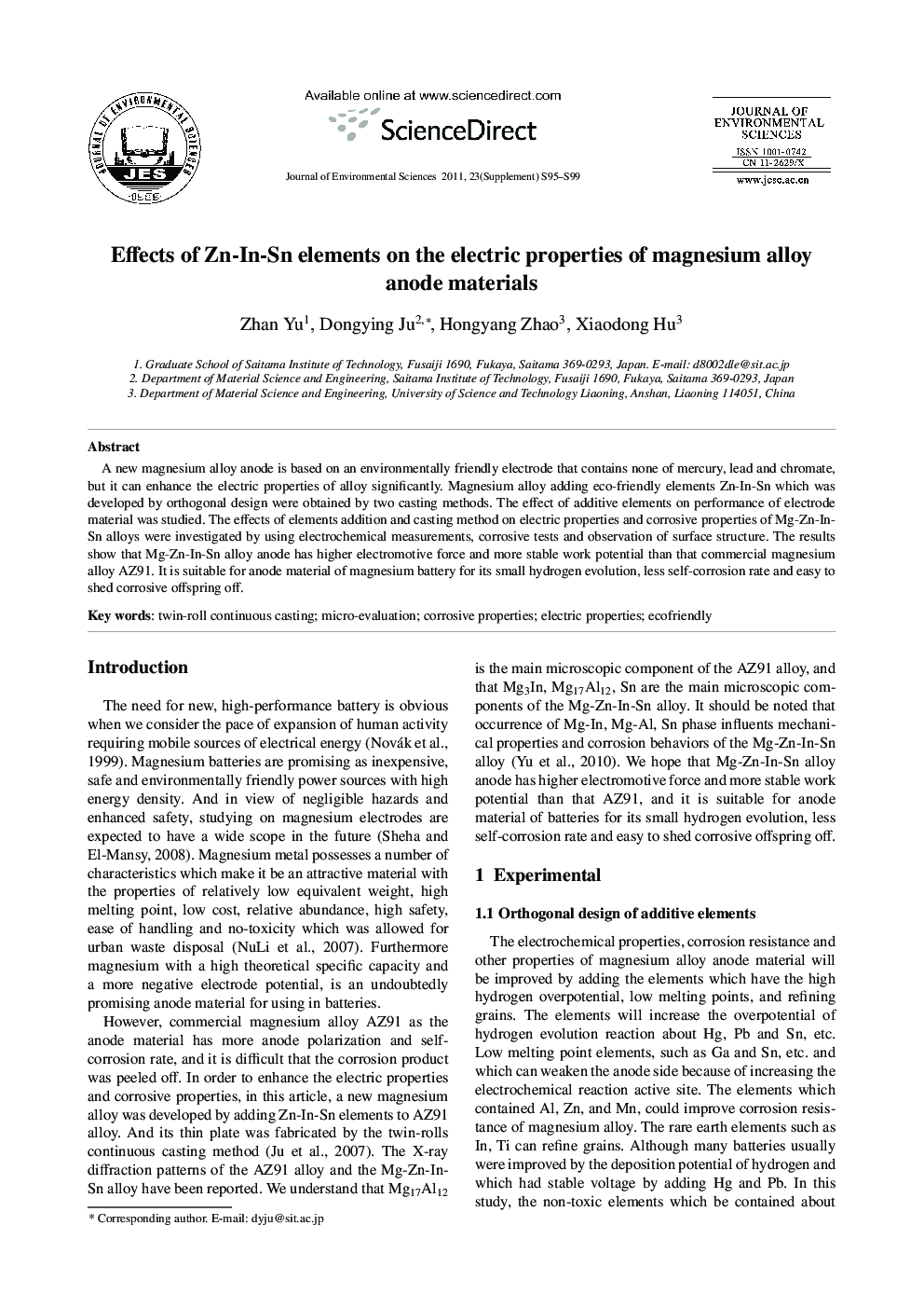 Effects of Zn-In-Sn elements on the electric properties of magnesium alloy anode materials