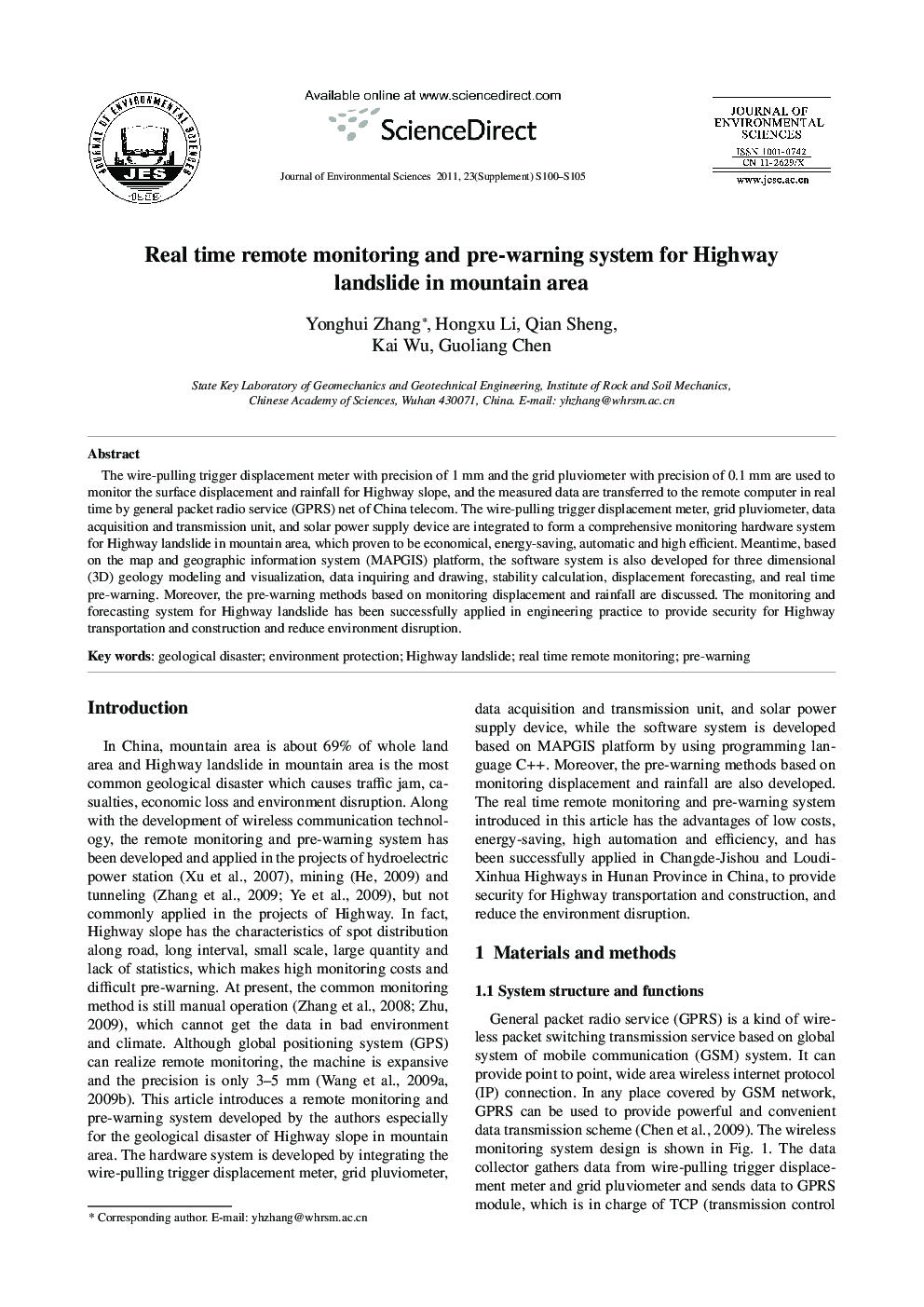 Real time remote monitoring and pre-warning system for Highway landslide in mountain area