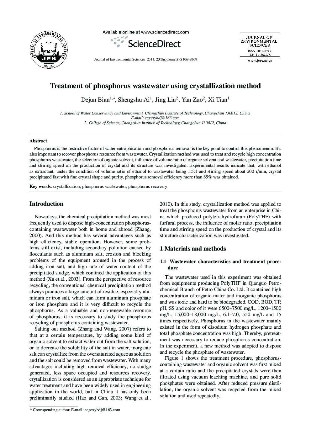Treatment of phosphorus waste water using crystallization method
