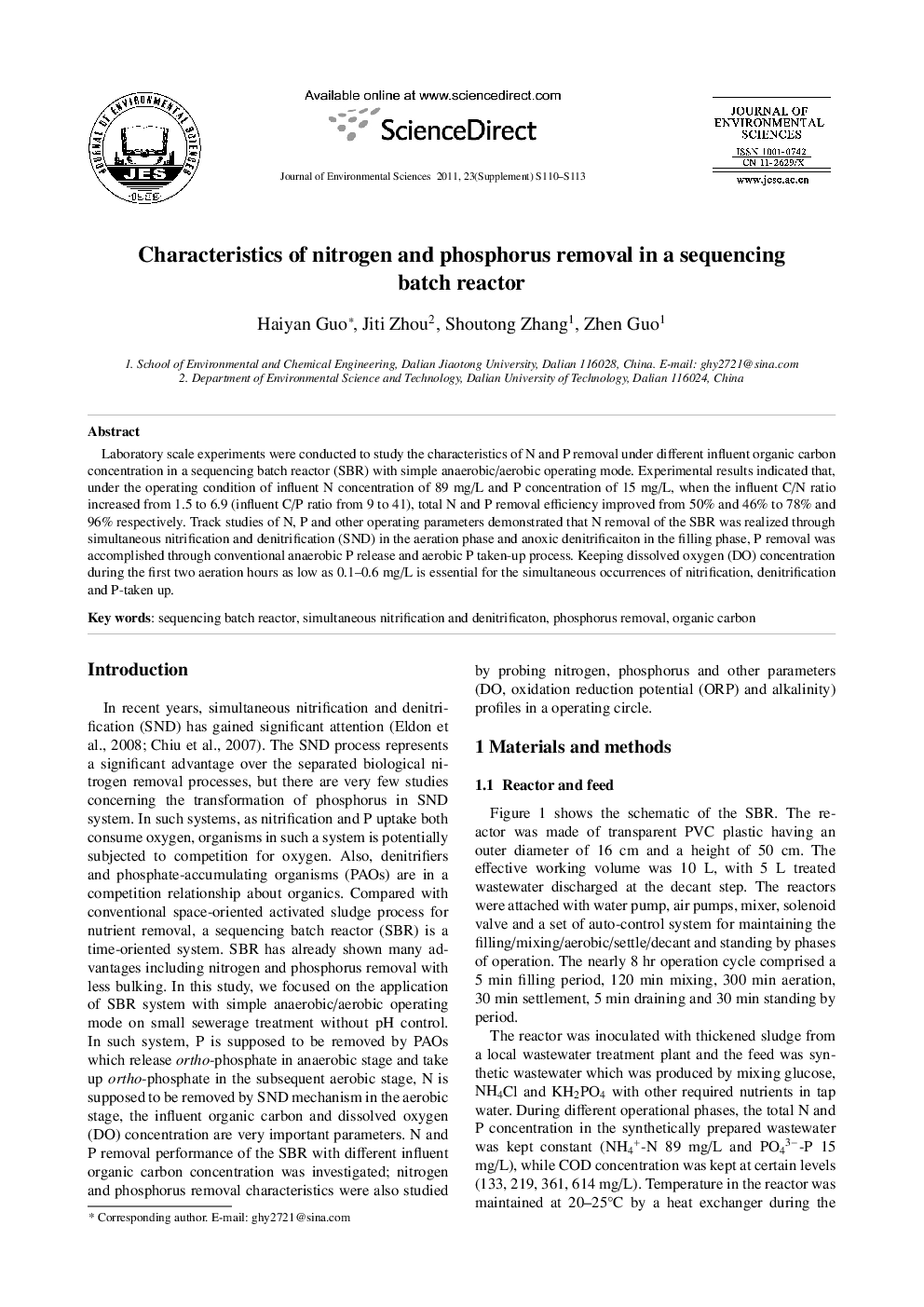 Characteristics of nitrogen and phosphorus removal in a sequencing batch reactor