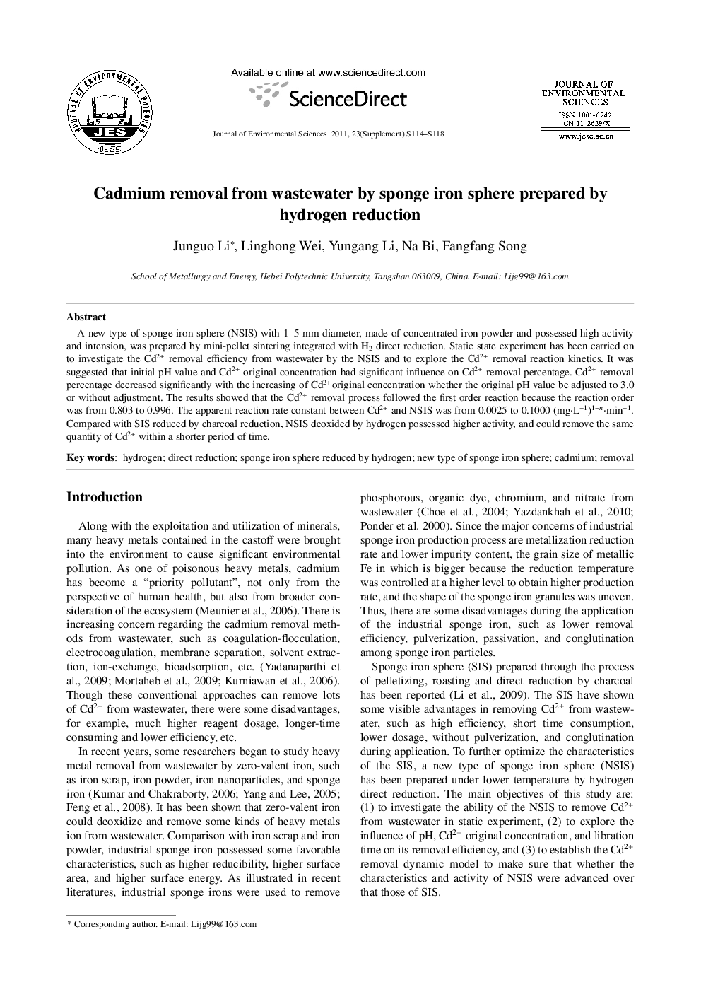 Cadmium removal from wastewater by sponge iron sphere prepared by hydrogen reduction