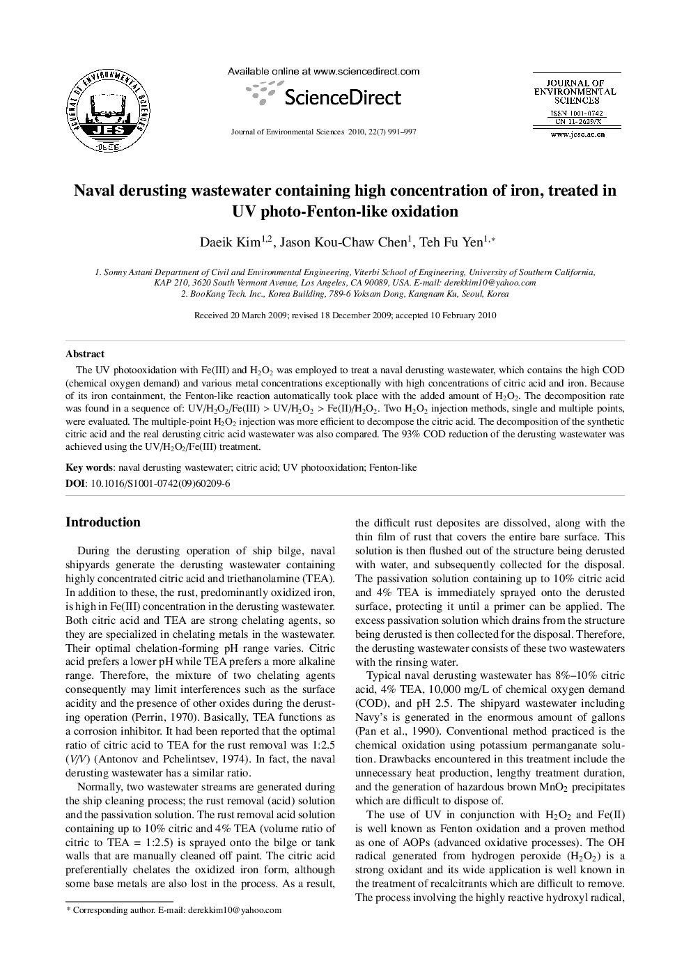 عکس صفحه اول مقاله: Naval derusting wastewater containing high concentration of iron, treated in UV photo-Fenton-like oxidation Naval derusting wastewater containing high concentration of iron, treated in UV photo-Fenton-like oxidation