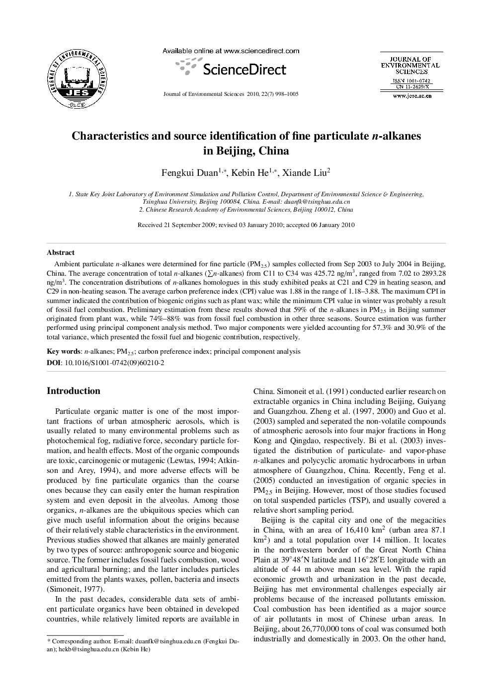 Characteristics and source identification of fine particulate n-alkanes in Beijing, China