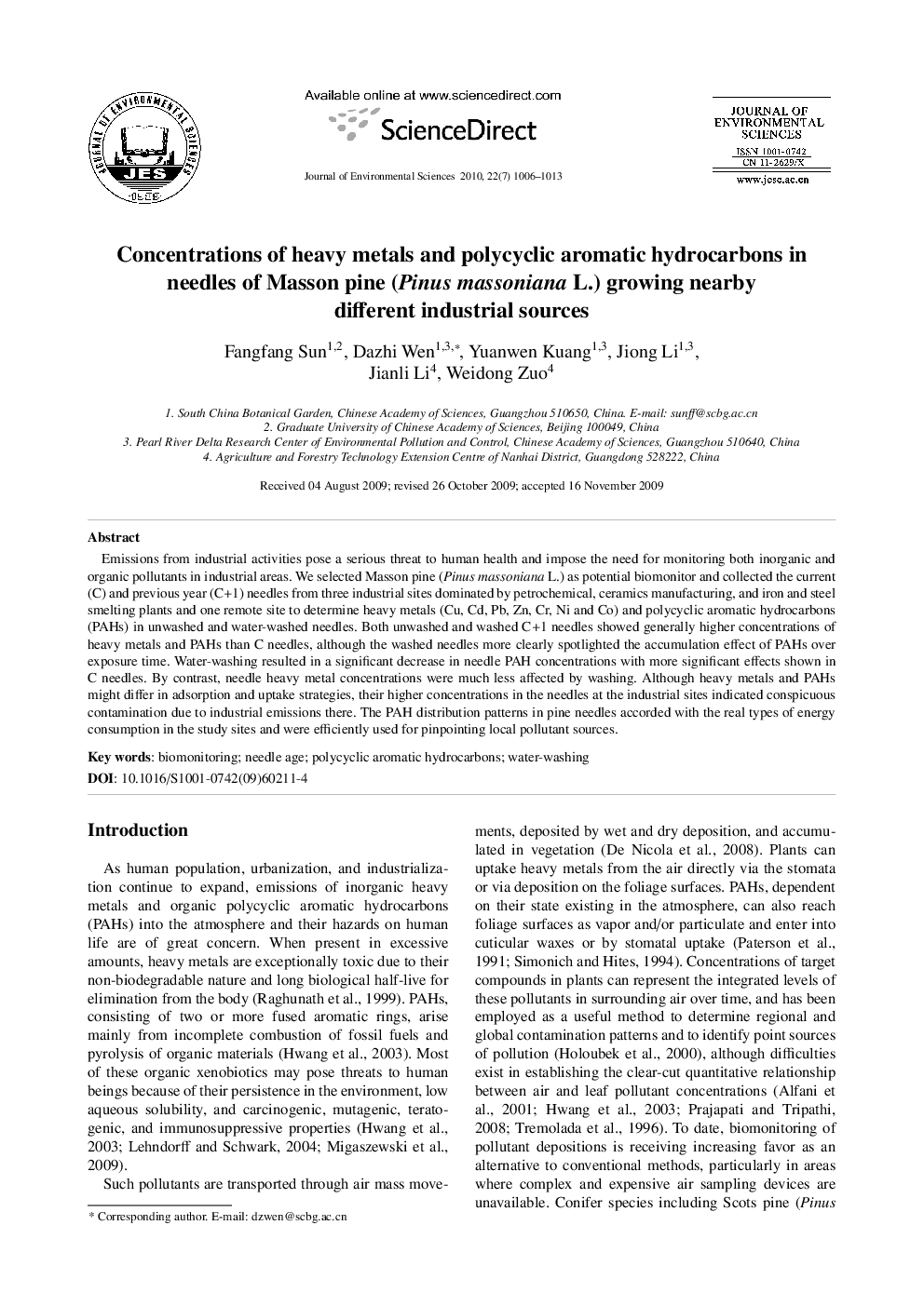 Concentrations of heavy metals and polycyclic aromatic hydrocarbons in needles of Masson pine (Pinus massoniana L.) growing nearby different industrial sources