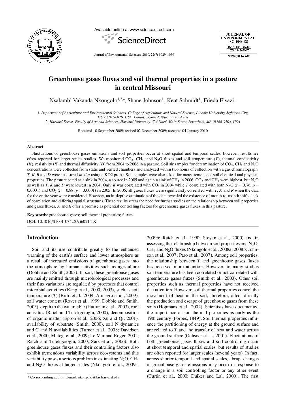 Greenhouse gases fluxes and soil thermal properties in a pasture in central Missouri