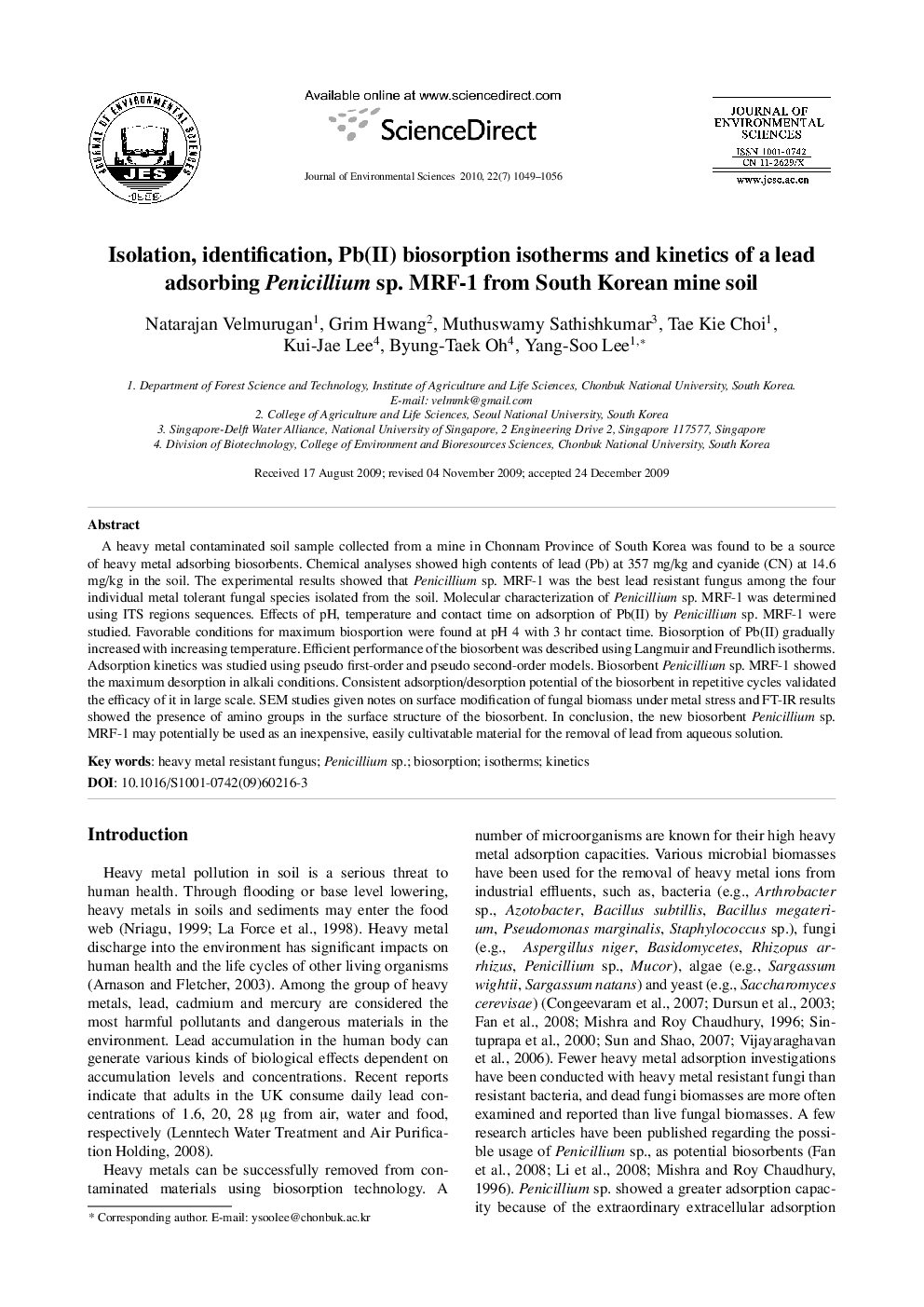 Isolation, identification, Pb(II) biosorption isotherms and kinetics of a lead adsorbing Penicillium sp. MRF-1 from South Korean mine soil