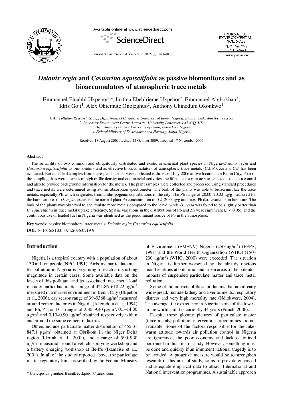 Delonix regia and Casuarina equisetifolia as passive biomonitors and as bioaccumulators of atmospheric trace metals
