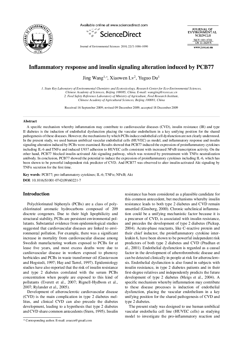 Inflammatory response and insulin signaling alteration induced by PCB77