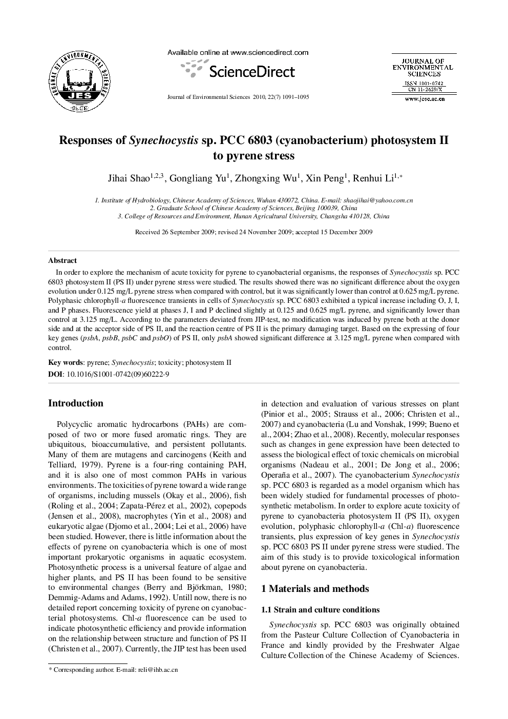 Responses of Synechocystis sp. PCC 6803 (cyanobacterium) photosystem II to pyrene stress