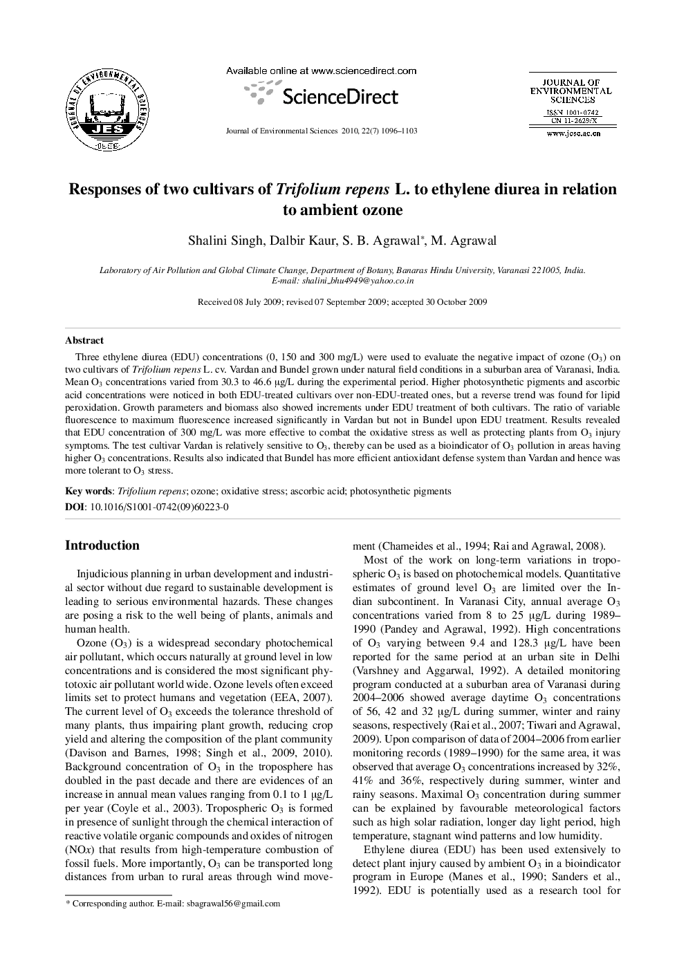 Responses of two cultivars of Trifolium repens L. to ethylene diurea in relation to ambient ozone