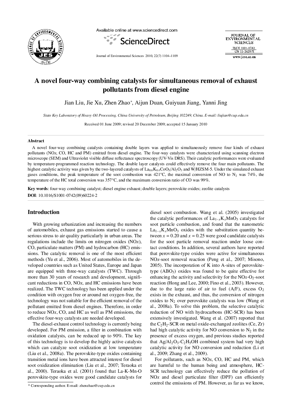 A novel four-way combining catalysts for simultaneous removal of exhaust pollutants from diesel engine