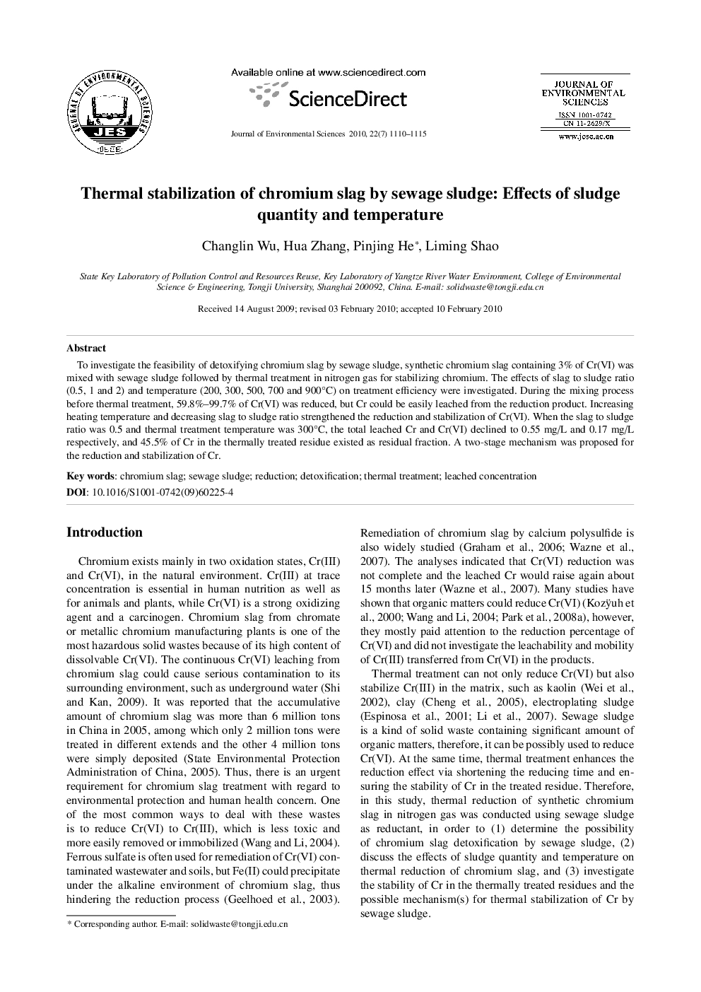 Thermal stabilization of chromium slag by sewage sludge: Effects of sludge quantity and temperature