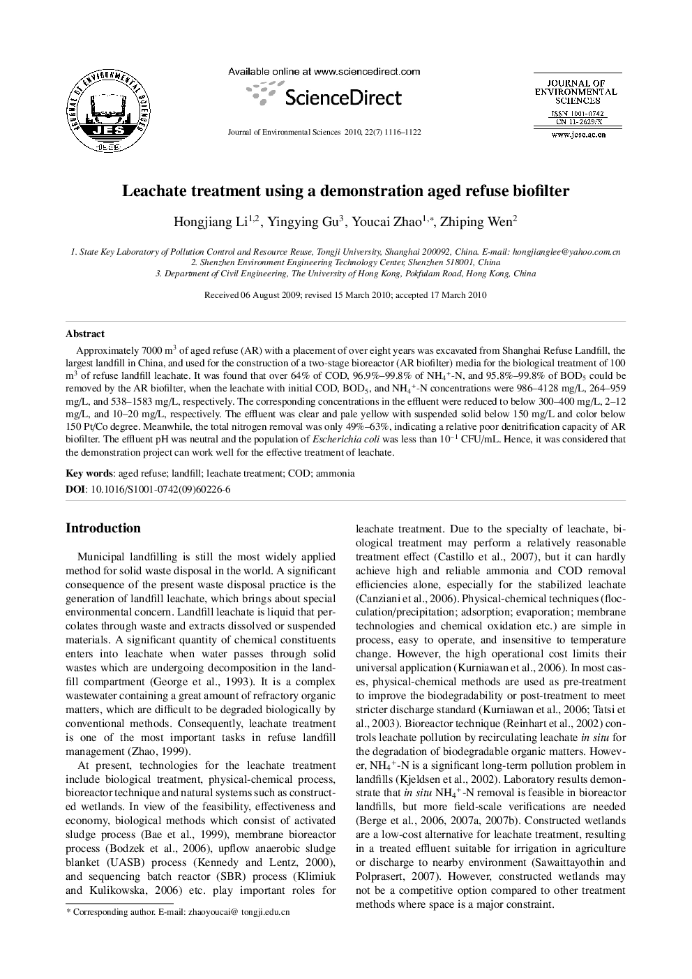 Leachate treatment using a demonstration aged refuse biofilter